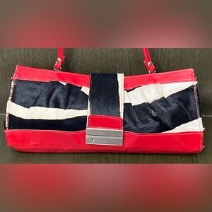 Cecconi Piero ITALY Red Patent Leather with Calf Hair Zebra Print Clutch Purse